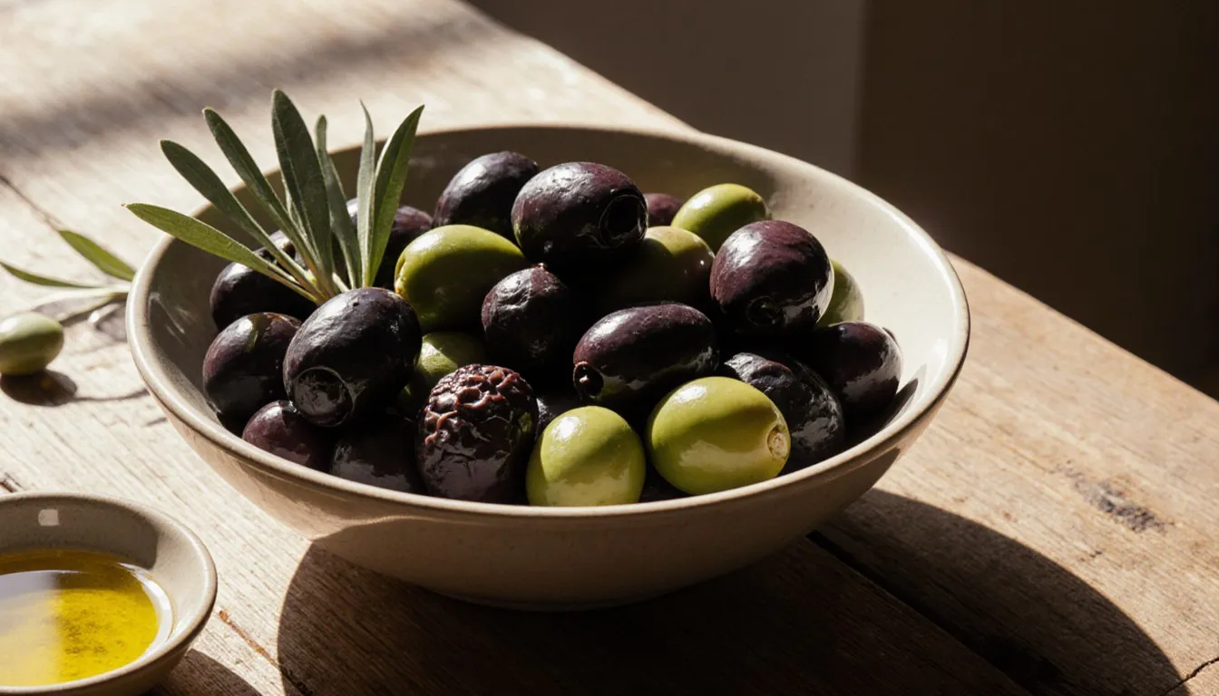 A ceramic bowl filled with an assortment of Greek olives, from deep purple Kalamata to bright green varieties, glistening
