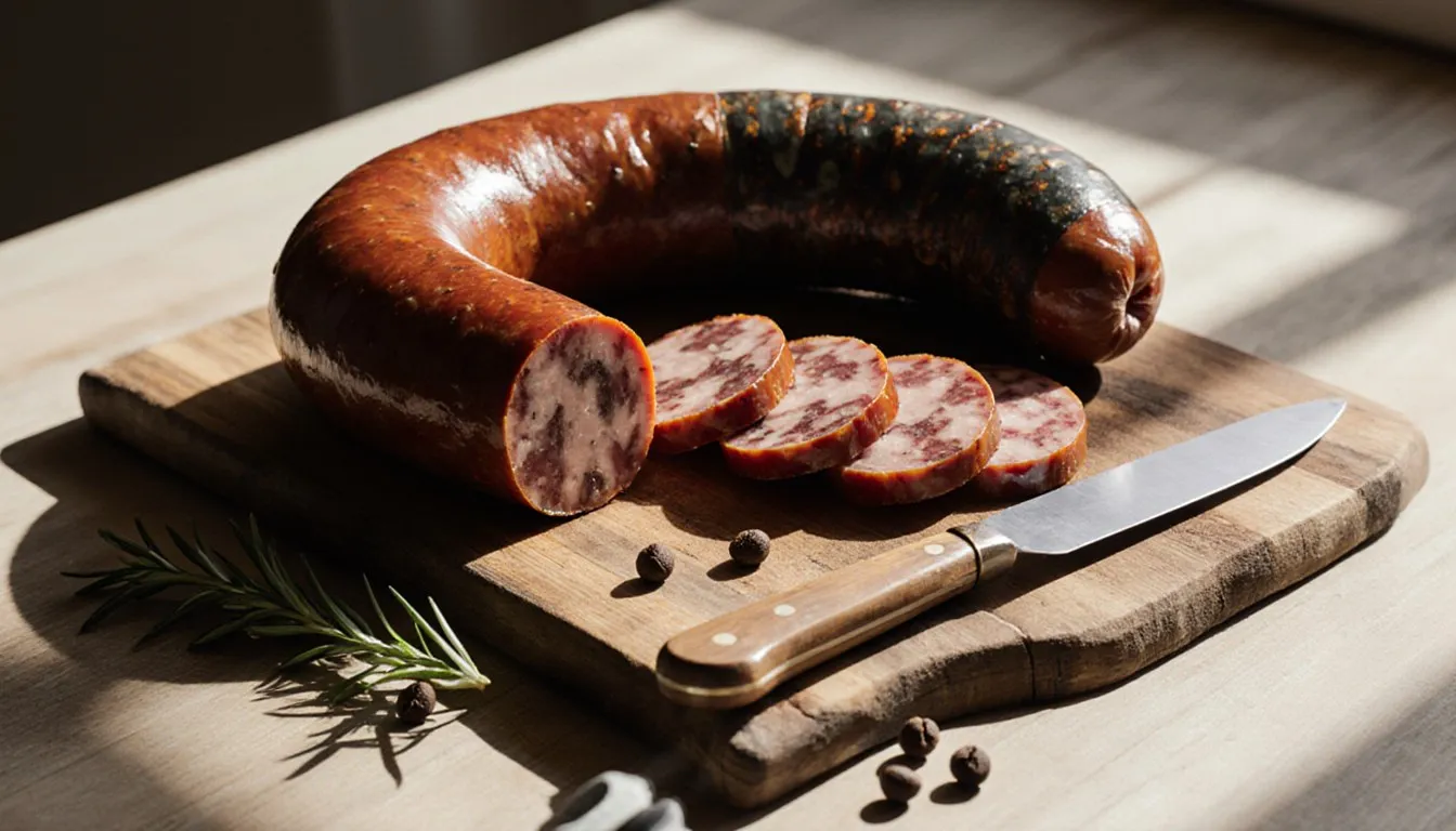 Sliced chorizo, morcilla, and salchichón sausages arranged on a wooden board