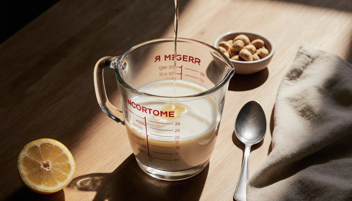 Plant milk curdling with vinegar in a glass measuring cup beside lemon and cashews, a vegan buttermilk substitute