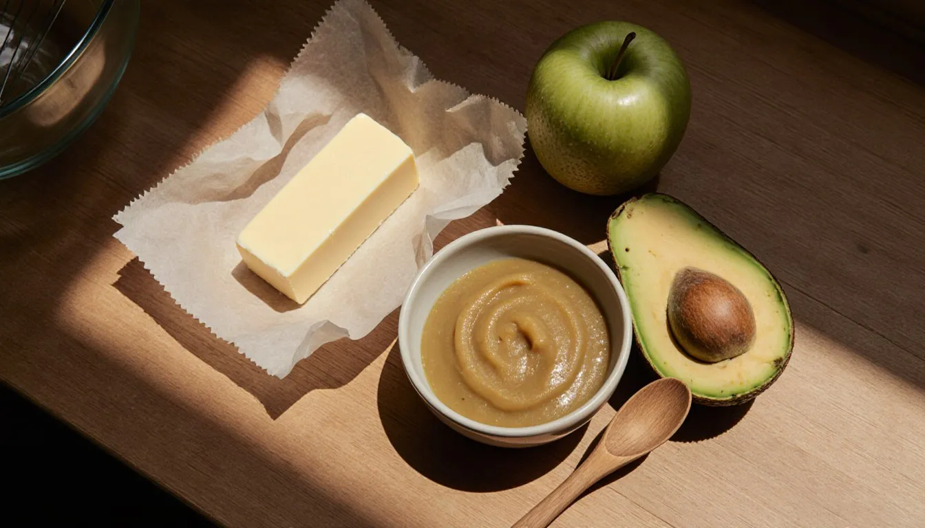 Butter, applesauce, and a halved avocado arranged on a counter as vegetable oil substitutes for baking