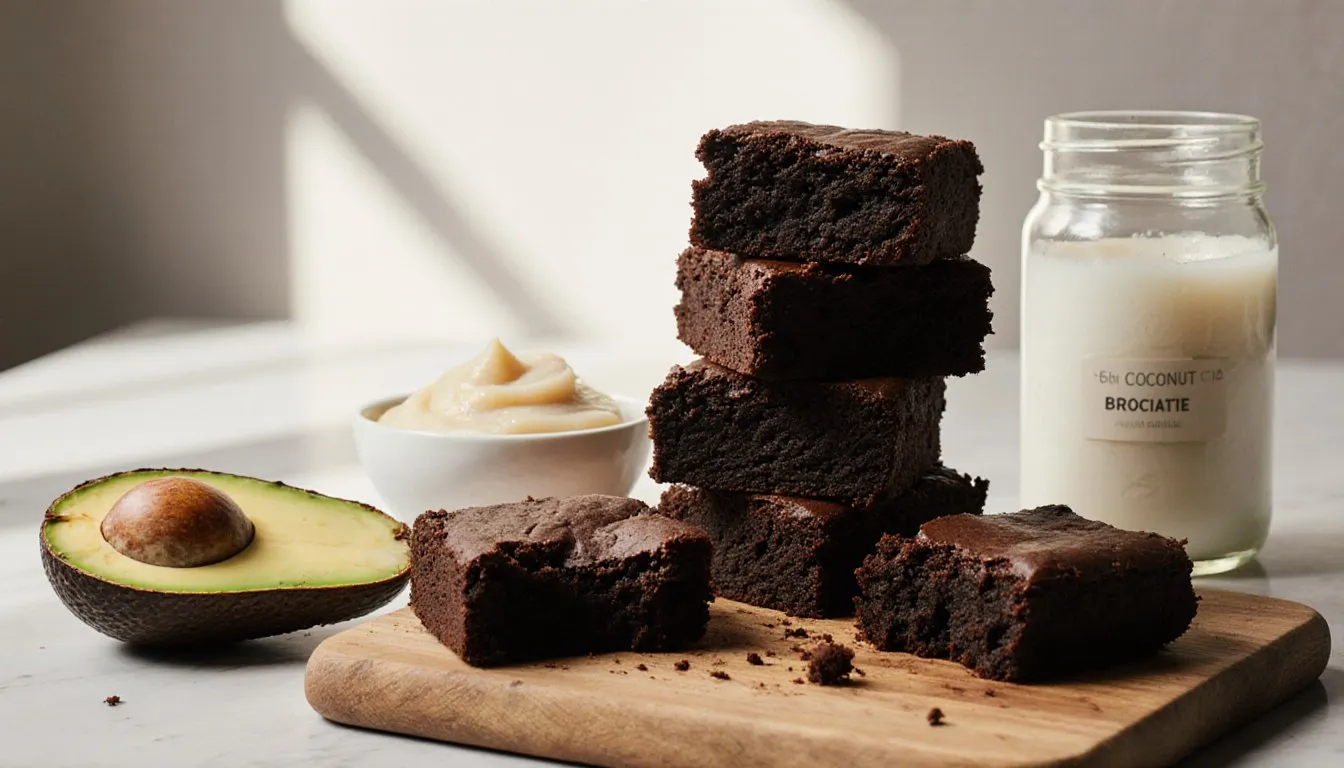 Fudgy brownies with avocado, applesauce, and coconut oil, natural substitutes for vegetable oil