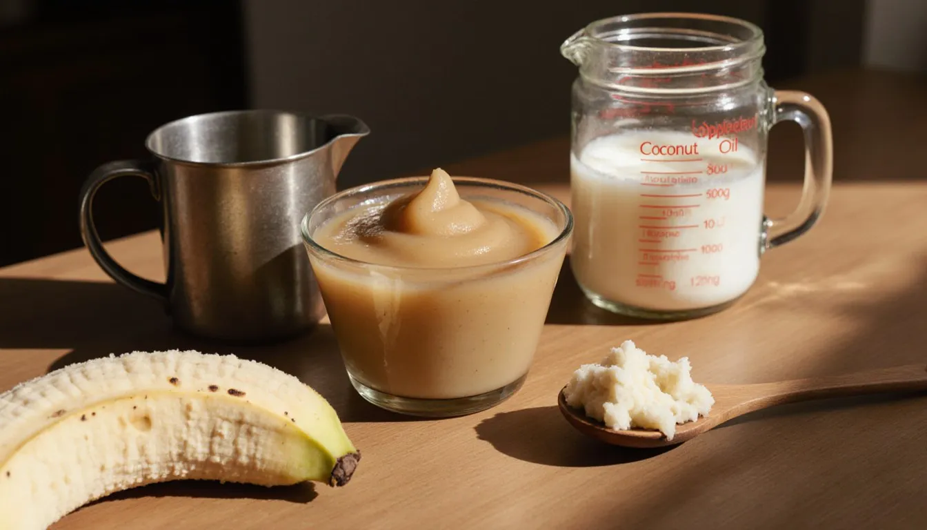 Applesauce, mashed banana, and coconut oil arranged as vegetable oil substitutes on a kitchen counter