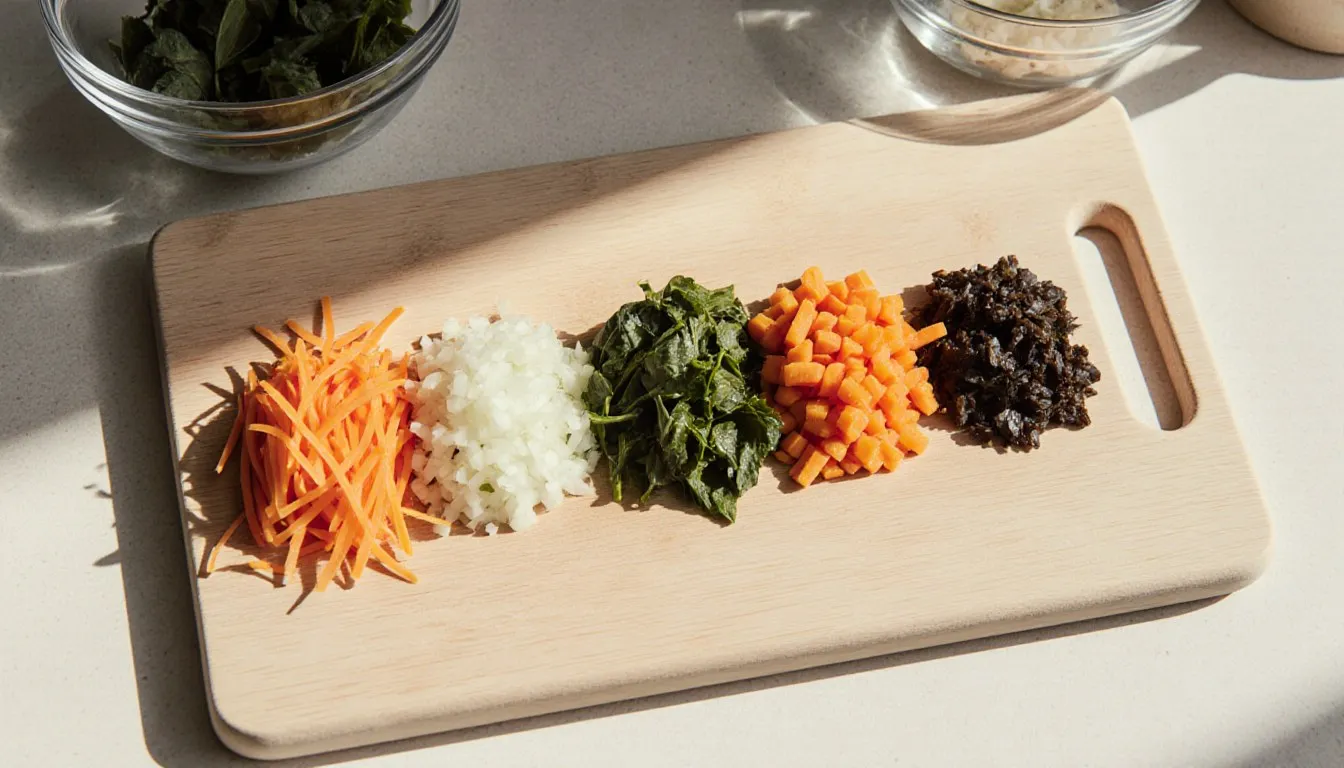 Overhead flat-lay of julienned carrots, diced onion, chopped greens, and carrot batons on a wooden board