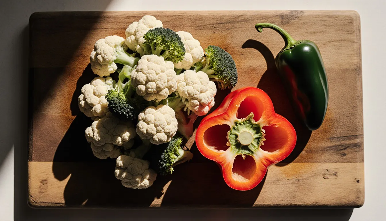 Cauliflower and broccoli florets, a halved red bell pepper, and a poblano pepper on a wooden cutting board