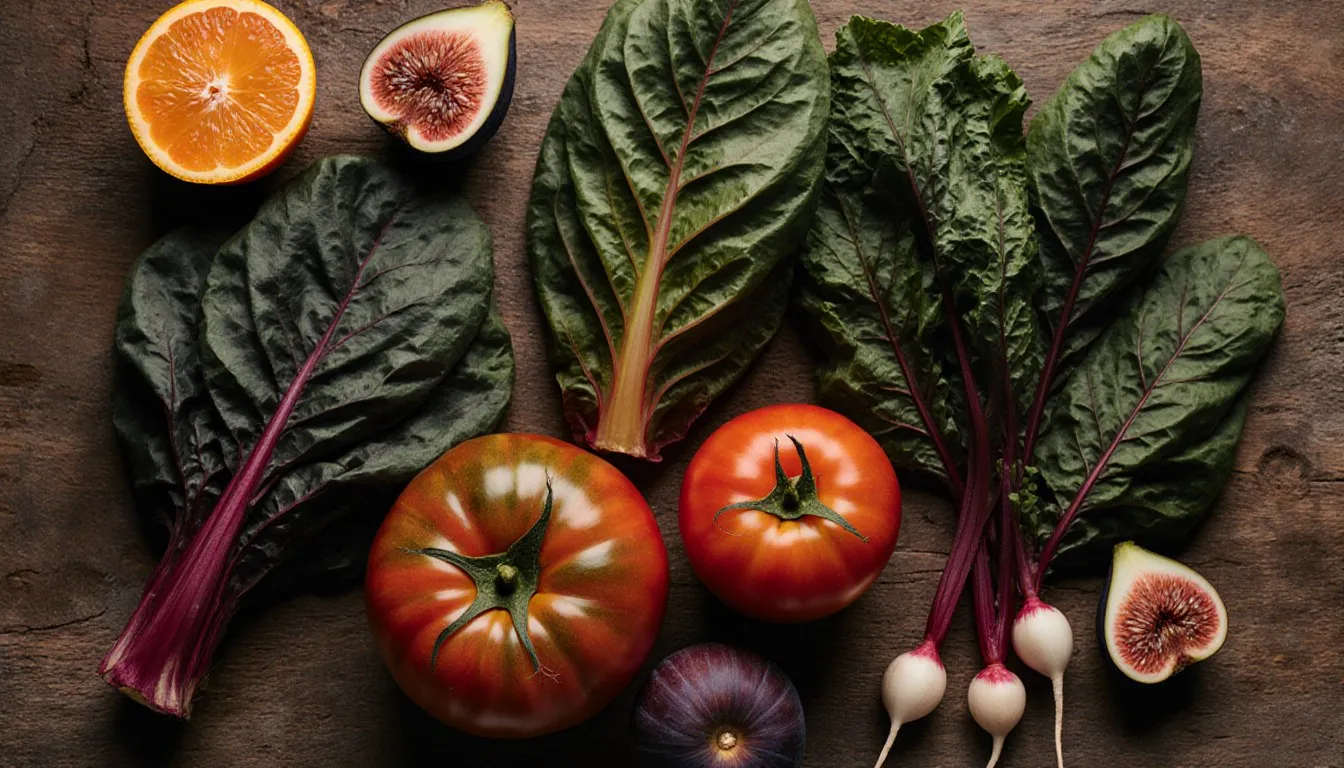 Overhead spread of fresh produce: tomatoes, chard, figs, blood orange and radishes