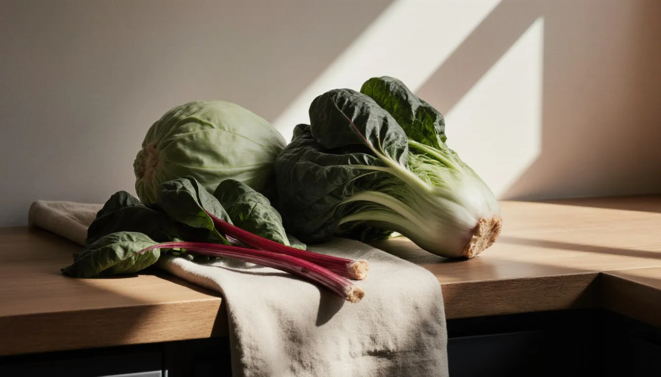 Fresh bok choy arranged with napa cabbage, swiss chard, and spinach on a kitchen counter