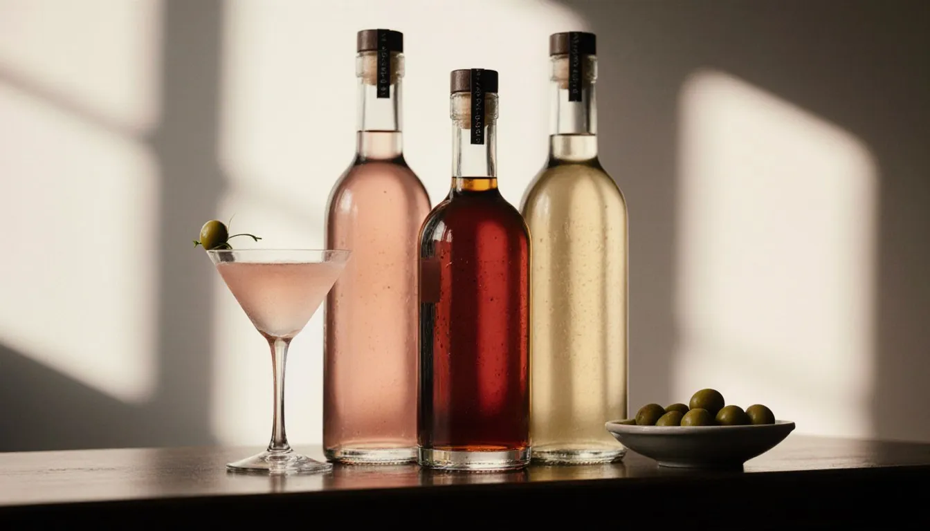 Three unlabeled vermouth bottles in pink, red, and pale hues beside a cocktail glass on a bar counter