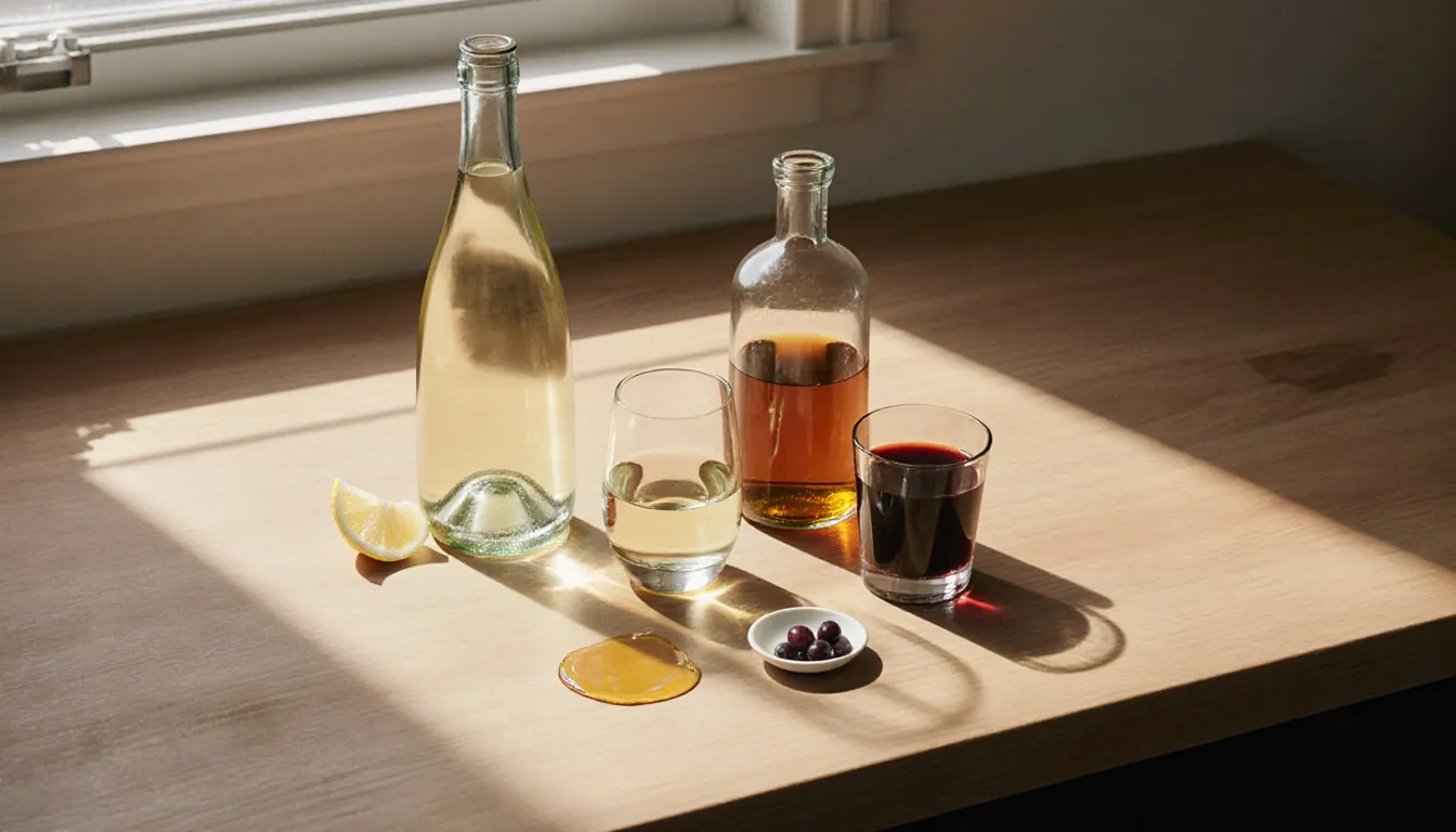 White wine, vinegar, and grape juice arranged as vermouth substitutes on a kitchen counter