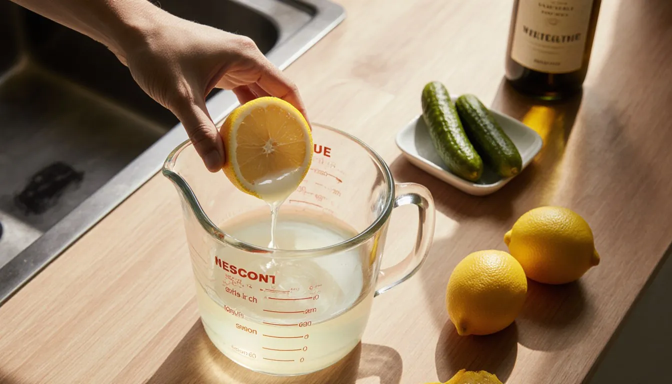 Lemon being squeezed into a measuring cup beside a bottle of wine, common substitutes for vinegar in cooking