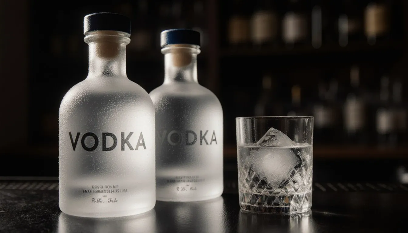 Frosted glass vodka bottles and a poured glass with ice arranged on a dark bar counter