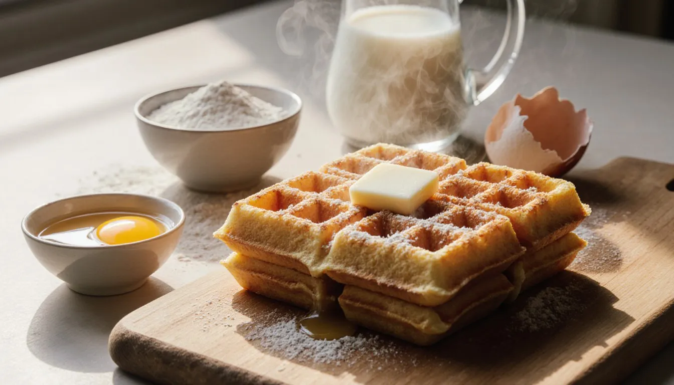 A golden Belgian waffle beside bowls of flour, egg, and milk used to make waffle batter from scratch