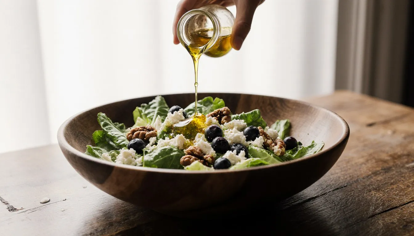 Baby romaine salad with goat cheese and walnuts being drizzled with walnut oil dressing