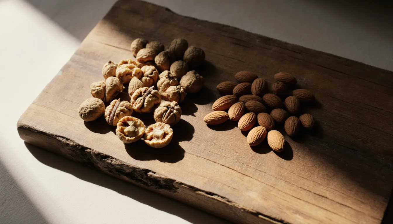 Shelled walnuts and whole almonds arranged side by side on a wooden board