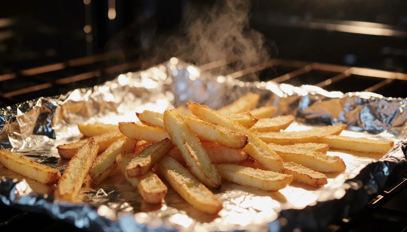 Leftover French fries spread on a foil-lined tray, crisping in the oven with a light sheen of oil