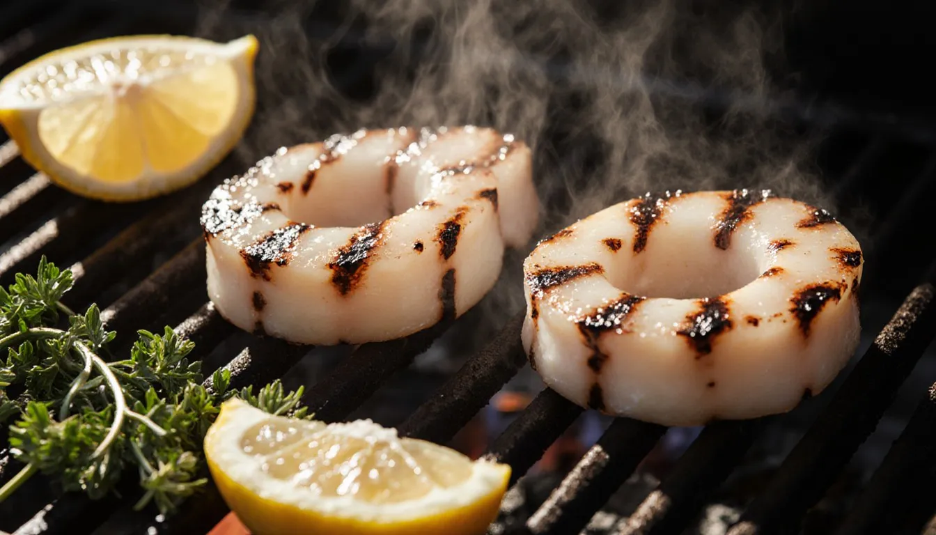Thick calamari steaks with char marks searing on a hot grill alongside a lemon wedge and fresh herbs