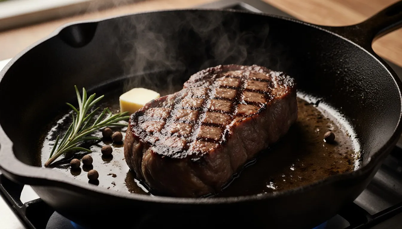 A thick chuck steak searing in a cast-iron skillet with a golden-brown crust