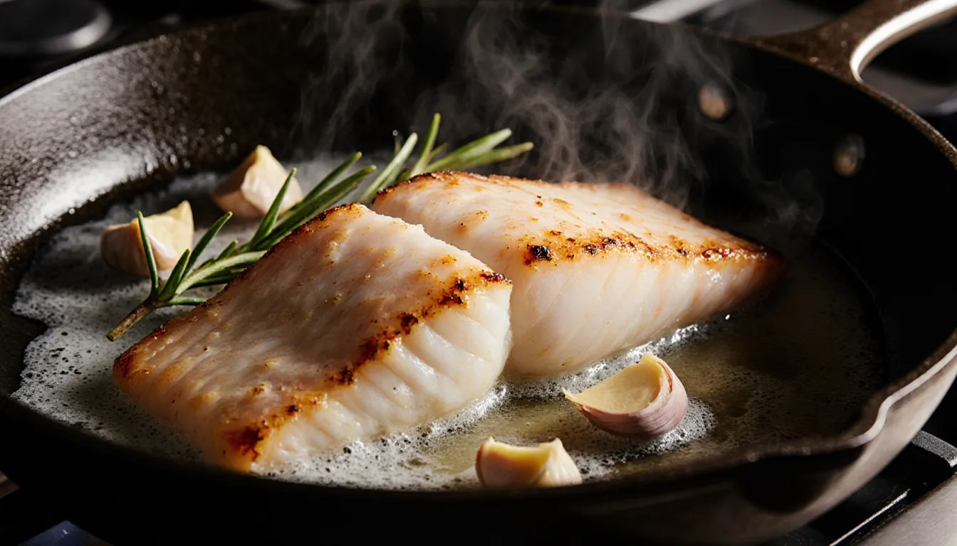 A thick monkfish fillet searing to a golden crust in a cast-iron pan with butter, garlic, and rosemary