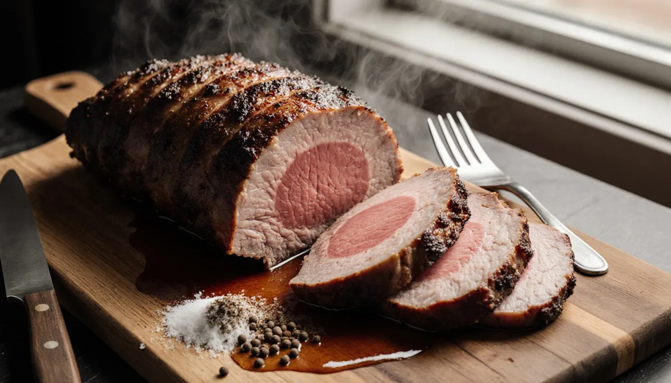 Sliced pork brisket resting on a wooden cutting board with juices and cracked pepper