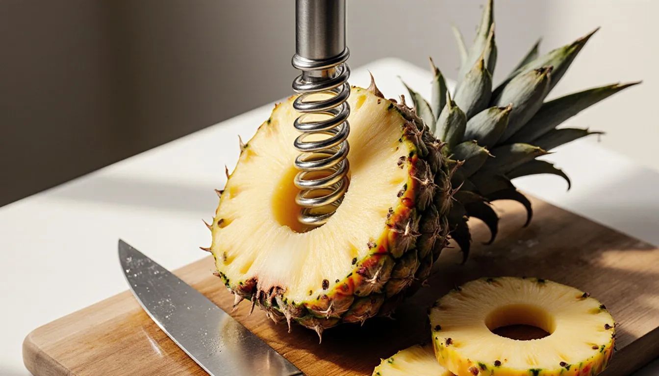 A pineapple corer twisting into a fresh pineapple beside cut rings on a wooden cutting board