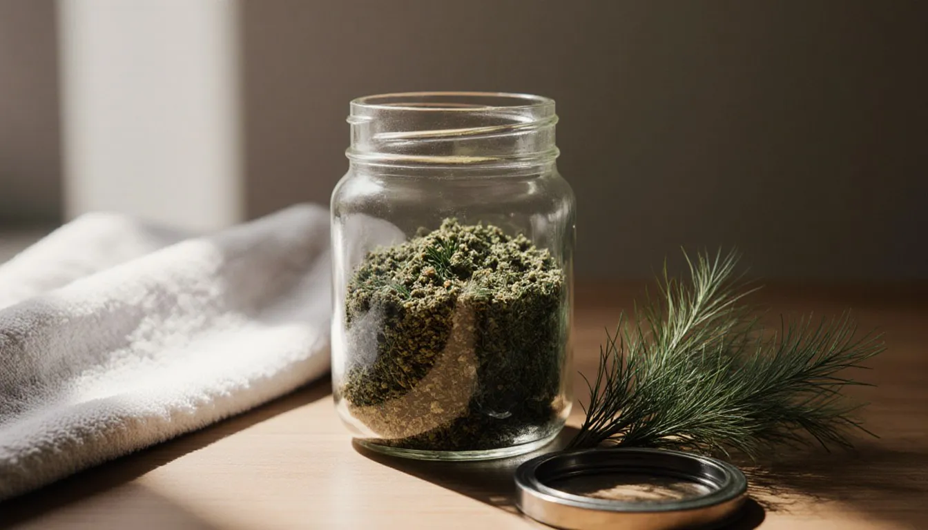 A glass jar of dried dill weed beside fresh dill sprigs on a wooden counter