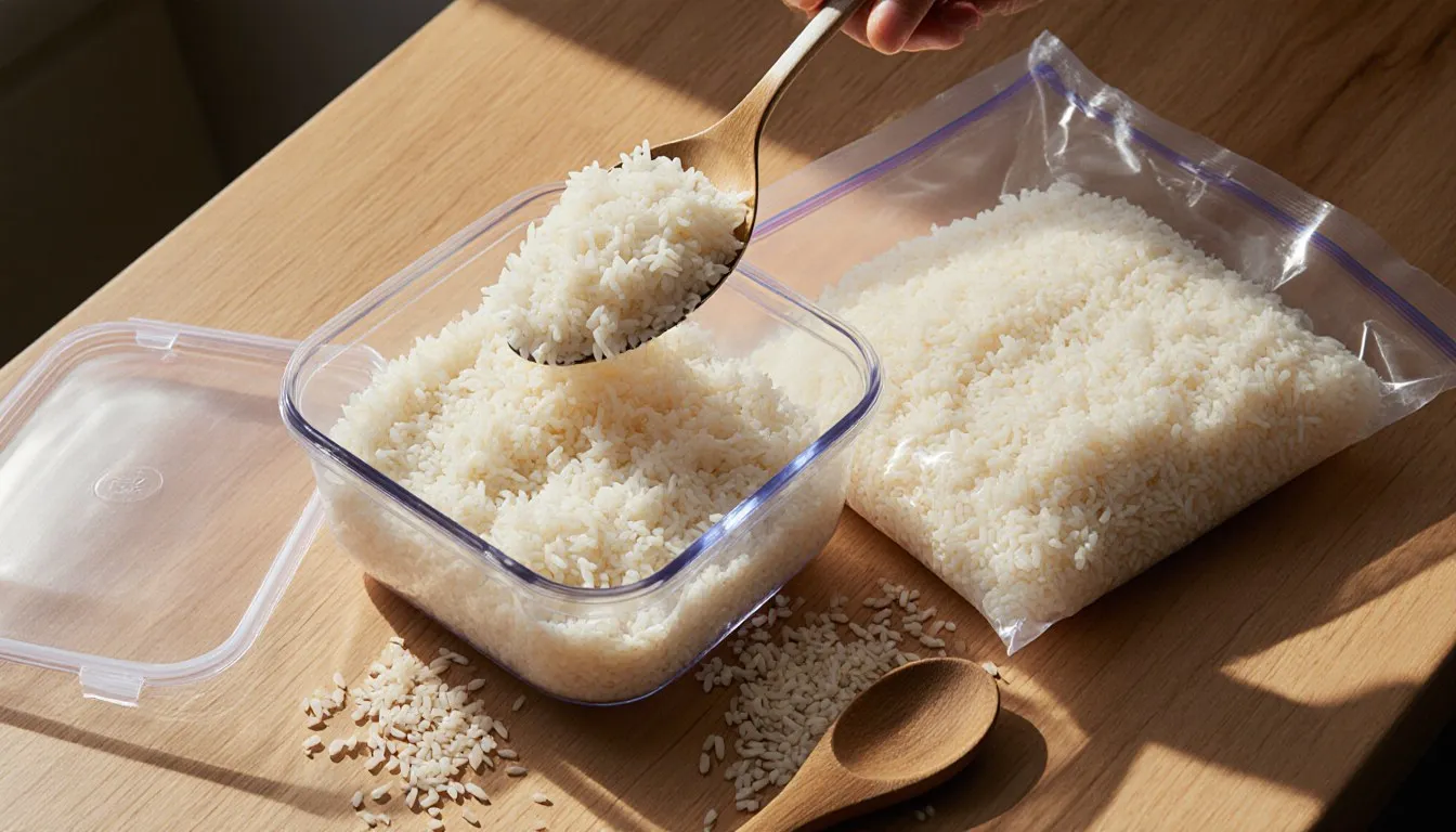 Cooked rice being portioned into a container and a flattened freezer bag for freezing