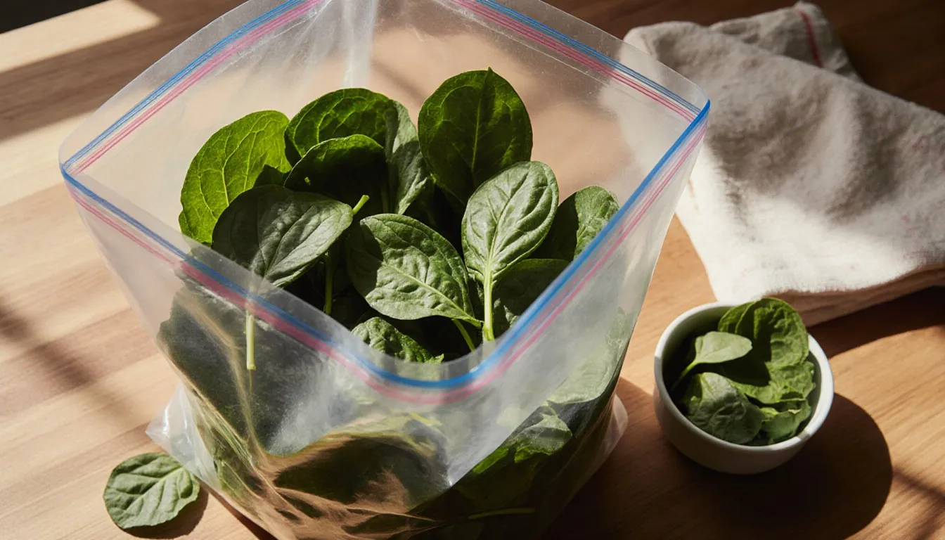Fresh spinach leaves being packed into a freezer bag beside a bowl of blanched spinach on a kitchen counter