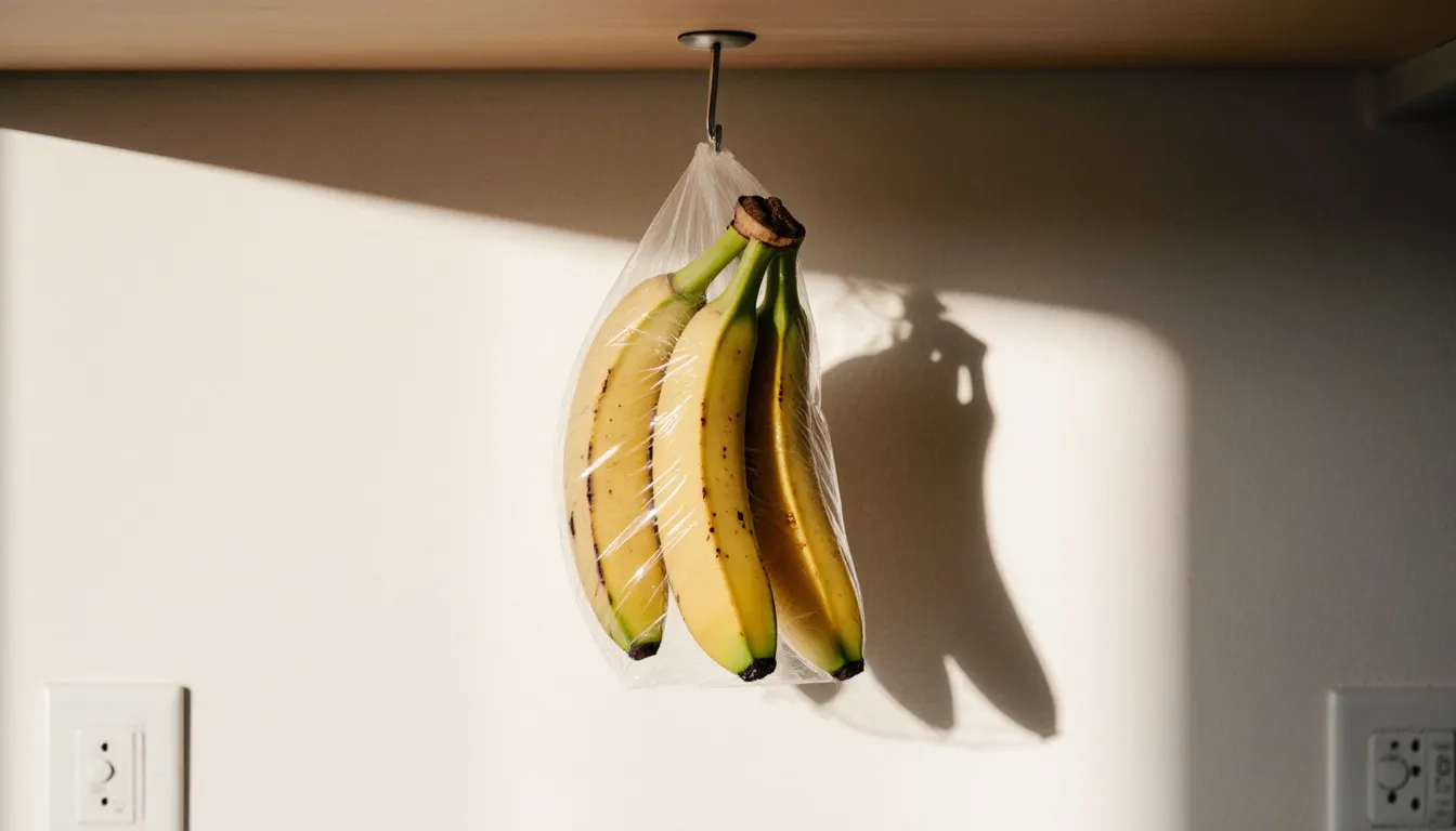 A bunch of bananas with wrapped stems hangs from a hook in a sunlit kitchen, kept away from other fruit.