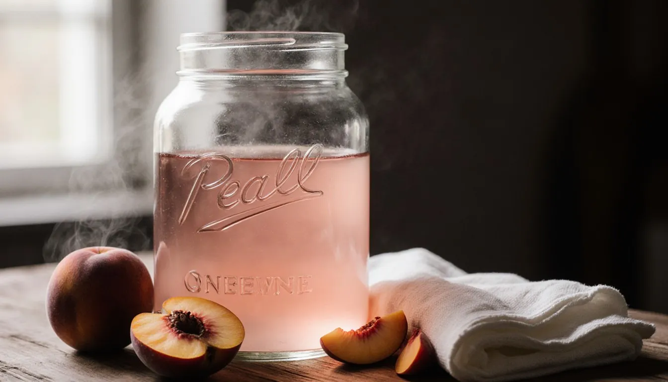 A glass jar of pink homemade peach wine beside fresh ripe peaches on a wooden table
