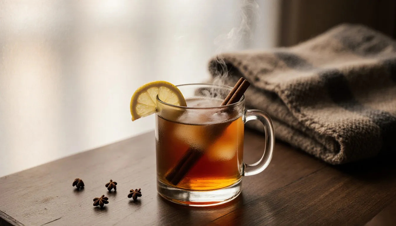 A steaming hot toddy garnished with a lemon wedge and cinnamon stick in a glass mug