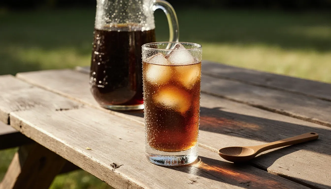 A glass of sweet tea vodka over ice on a sunlit table with a pitcher of tea in the background
