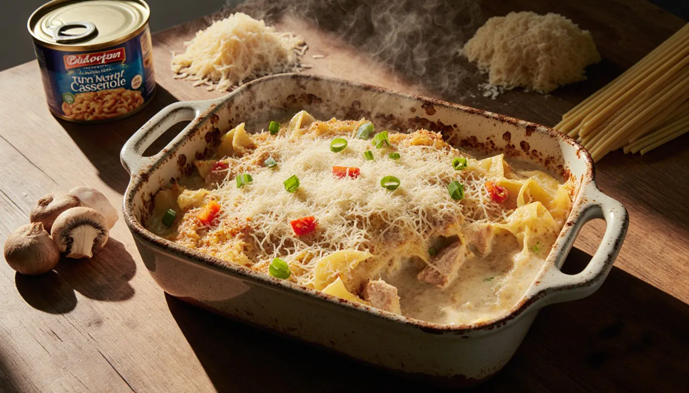 A golden-baked tuna noodle casserole in a ceramic dish, surrounded by egg noodles, tuna, and sliced vegetables