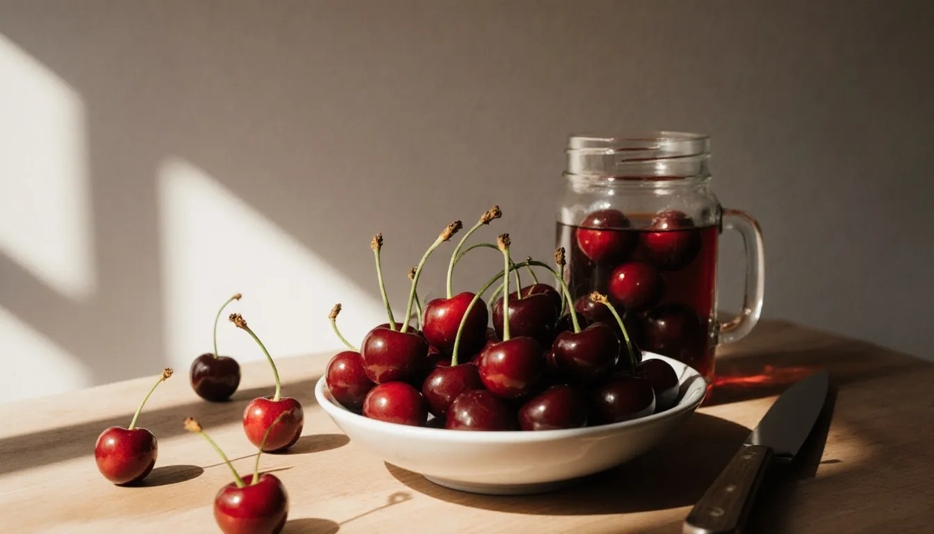 Fresh morello cherries in a bowl beside a jar of cherries preserved in syrup on a wooden counter