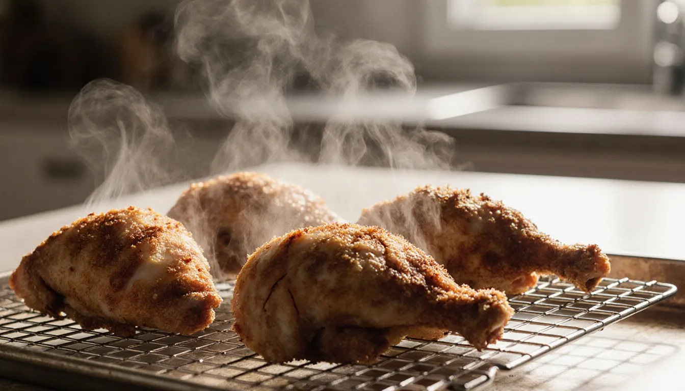 Crispy fried chicken pieces resting on a wire rack, steam rising after reheating