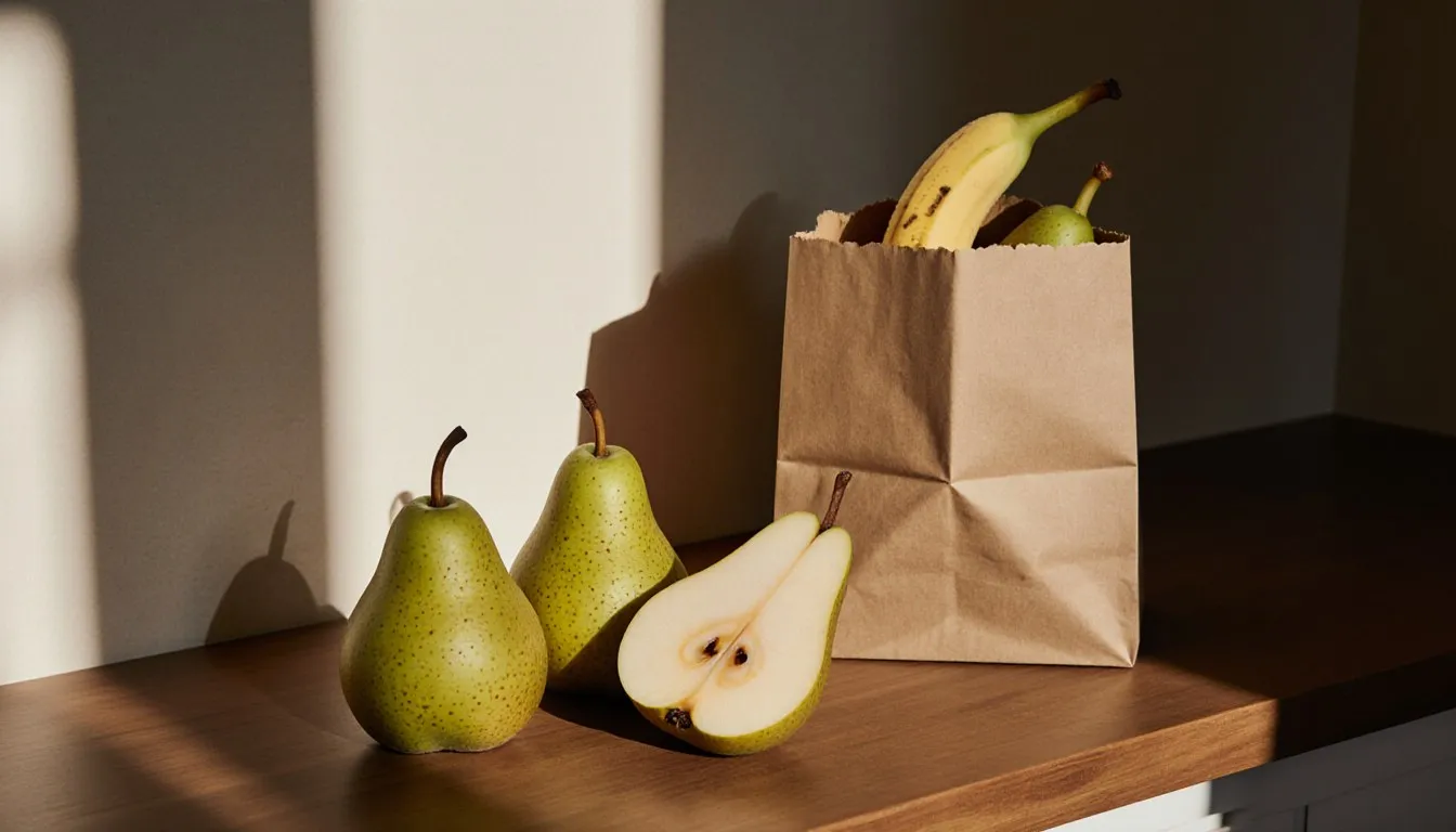 Whole pears ripening beside a paper bag holding pears and a banana on a kitchen counter