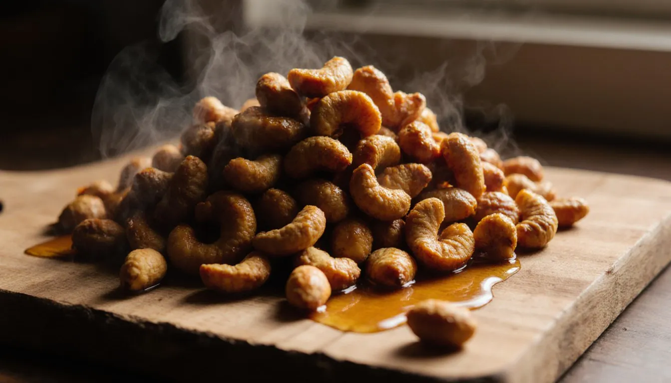 A mound of glossy honey-glazed roasted cashews piled on a wooden board with a few scattered in front