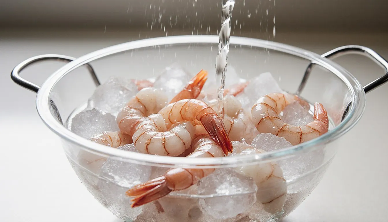 Frozen shrimp in a colander set inside a bowl, being rinsed under cold water to thaw