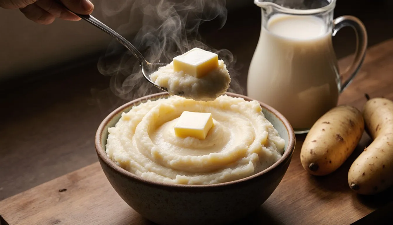 A bowl of thick, creamy mashed potatoes with a spoon lifting a swirl to show its dense texture
