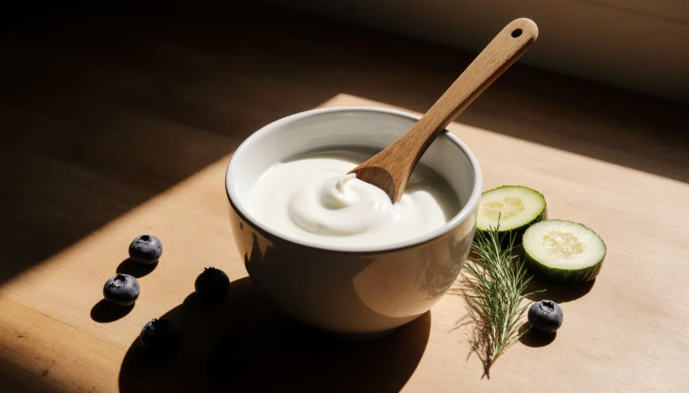 A bowl of Greek yogurt with a wooden spoon, surrounded by blueberries, cucumber, and fresh dill on a kitchen counter