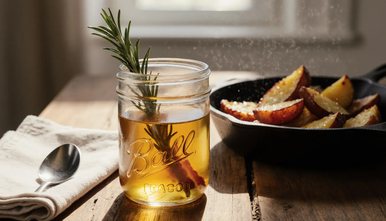 A jar of rendered bacon grease beside a skillet of crisp roasted potato wedges on a wood counter