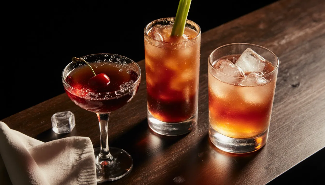 A Manhattan, Bloody Mary, and Vodka Sunrise arranged together on a bar top