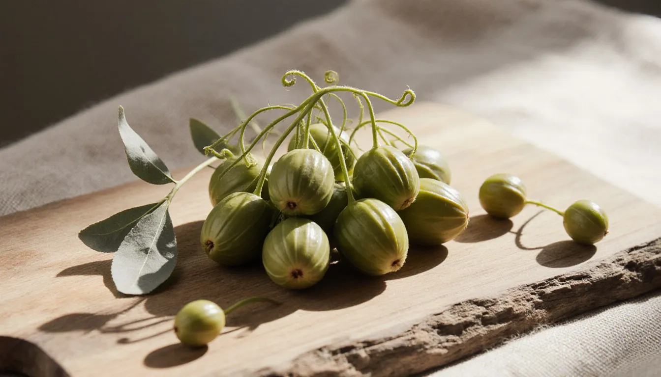 Fresh caper berries with their stems still attached, resting beside caper buds on a wooden board