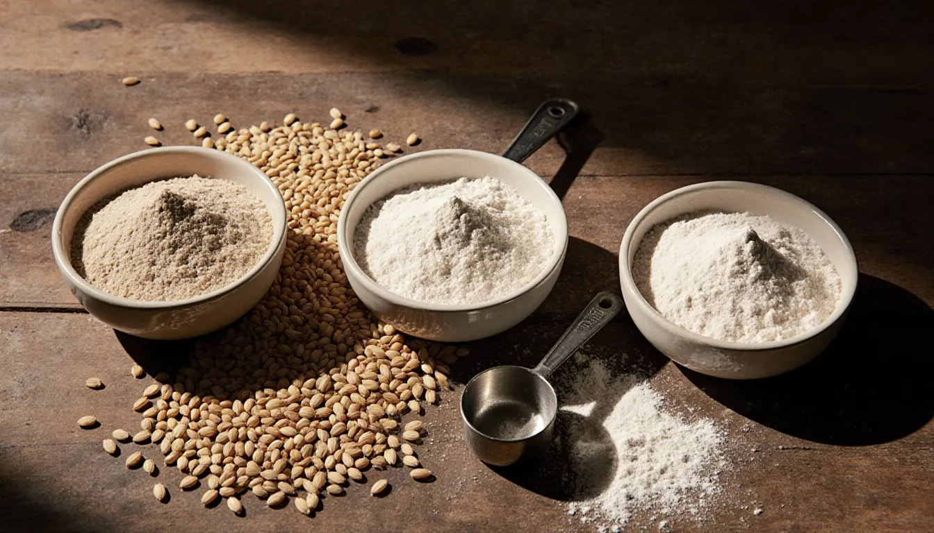 Bowls of spelt flour alongside kamut and rice flour substitutes with whole grains scattered nearby