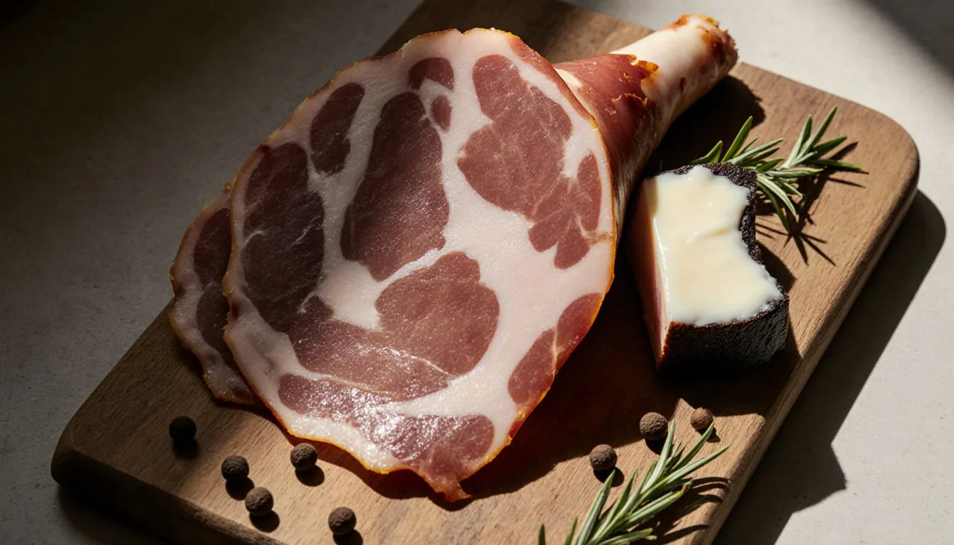 Thin slices of cured ham fanned on a wooden board next to a whole cured ham chunk