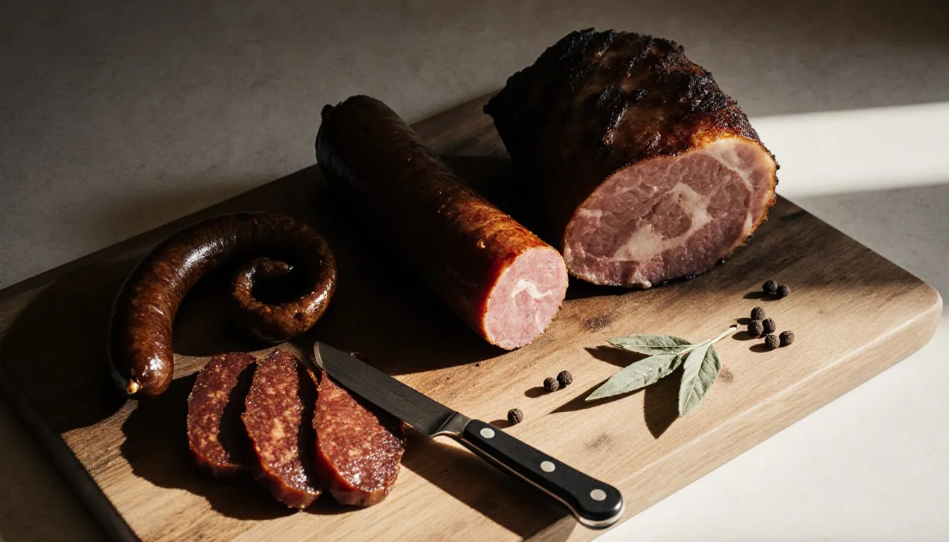 Sliced chorizo, andouille sausage, and smoked ham arranged on a wooden board as tasso substitutes
