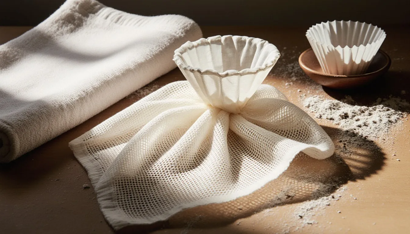Cheesecloth beside a folded kitchen towel and coffee filter, common substitutes for straining in the kitchen