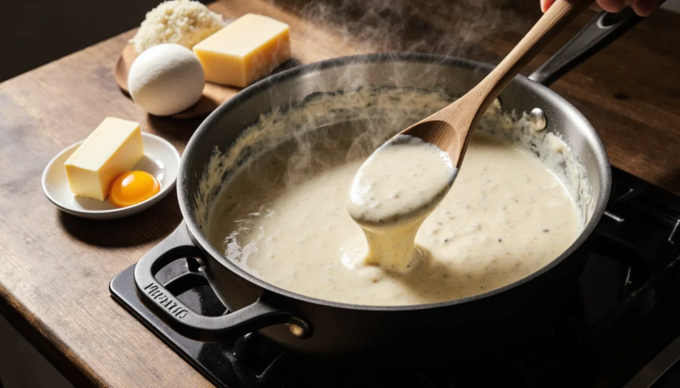 A wooden spoon lifts thick alfredo sauce from a pan beside butter, egg yolk, and fresh mozzarella