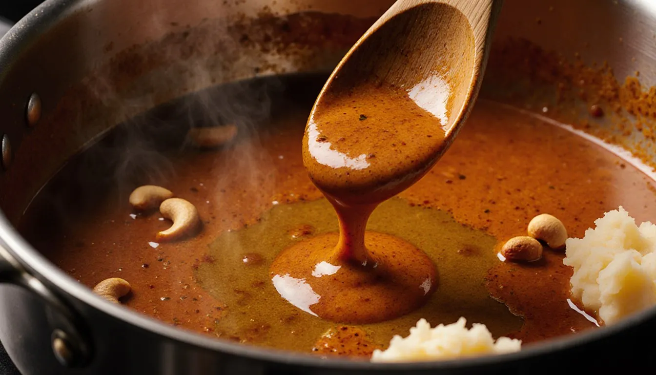A wooden spoon lifts a thick, glossy ribbon of curry sauce from a simmering pan