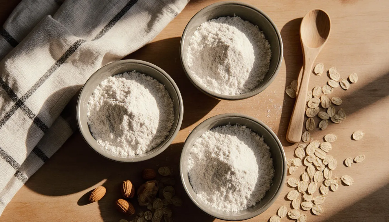 Bowls of almond flour, coconut flour, and oat flour arranged with their raw ingredients on a kitchen counter