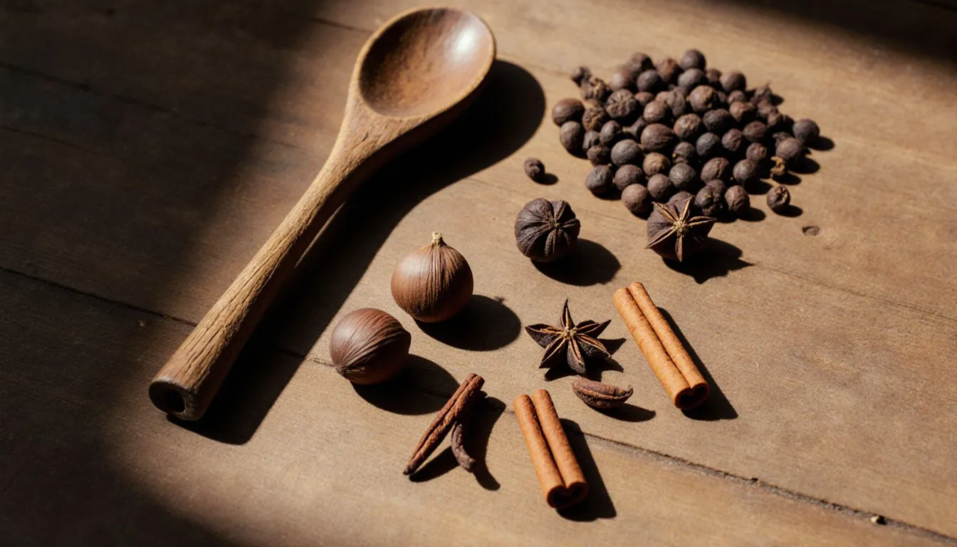 Whole cloves, cinnamon sticks, nutmeg, and peppercorns arranged as clove substitutes on a wooden table