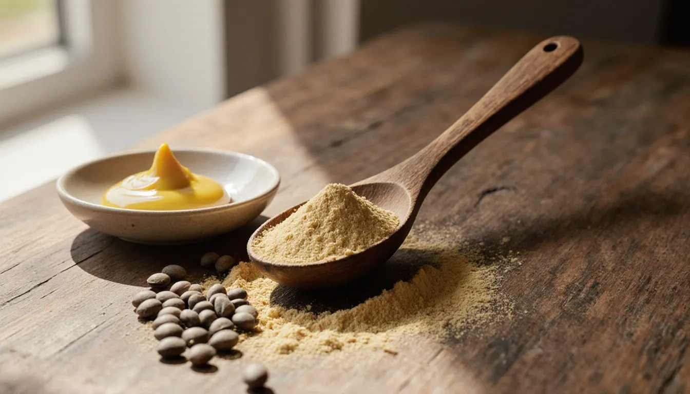 Dry mustard powder in a spoon next to prepared mustard and whole mustard seeds on a wooden counter
